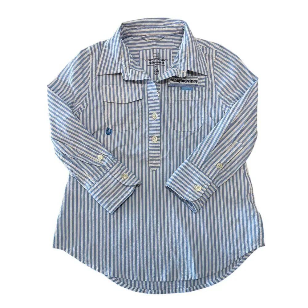 Vineyard Vines Harbor Stripe Performance Cover-Up Shirt Dress, Blue White, 2T